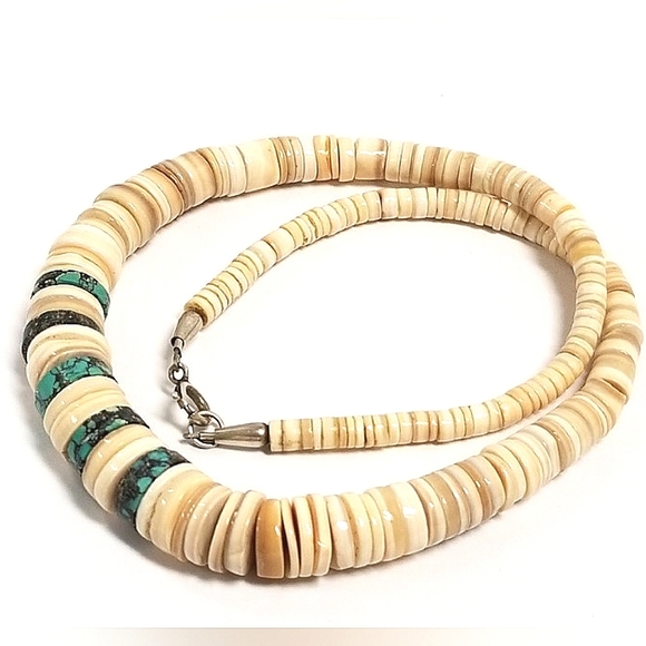 VINTAGE SANTO DOMINGO HEISHI GRADUATED TURQUOISE SHELL NECKLACE - Picture 3 of 14